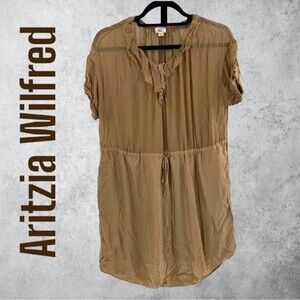 Aritzia Wilfred Womens XS Tan Beige 100% Silk Shirt Dress Above Knee Lagenlook‎